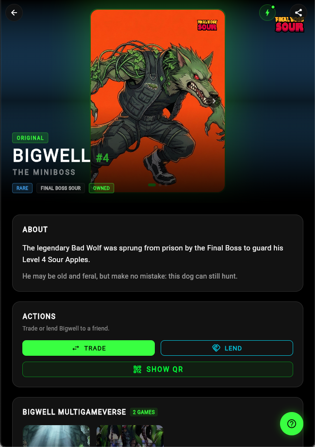 Armstrong character detail page with TRADE and LEND action buttons