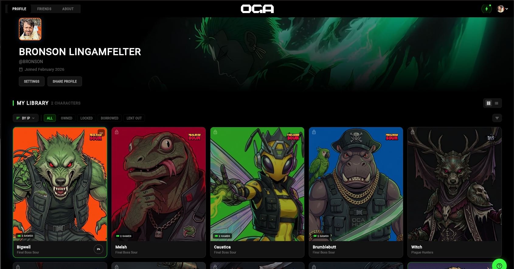 OGA account library showing owned characters: Armstrong, Bigwell, Archer, Brumblebutt, Causica